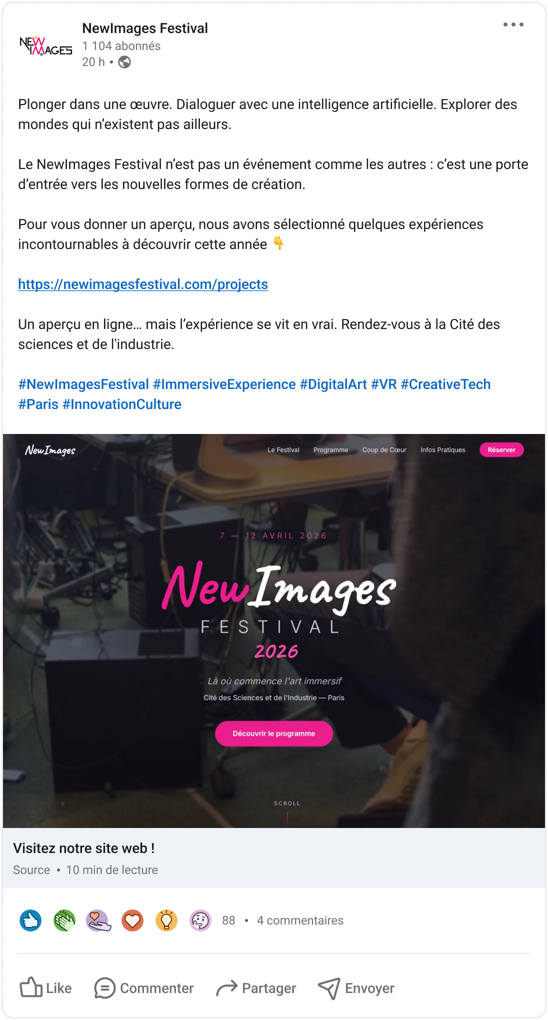 Post LinkedIn, Texte + lien site